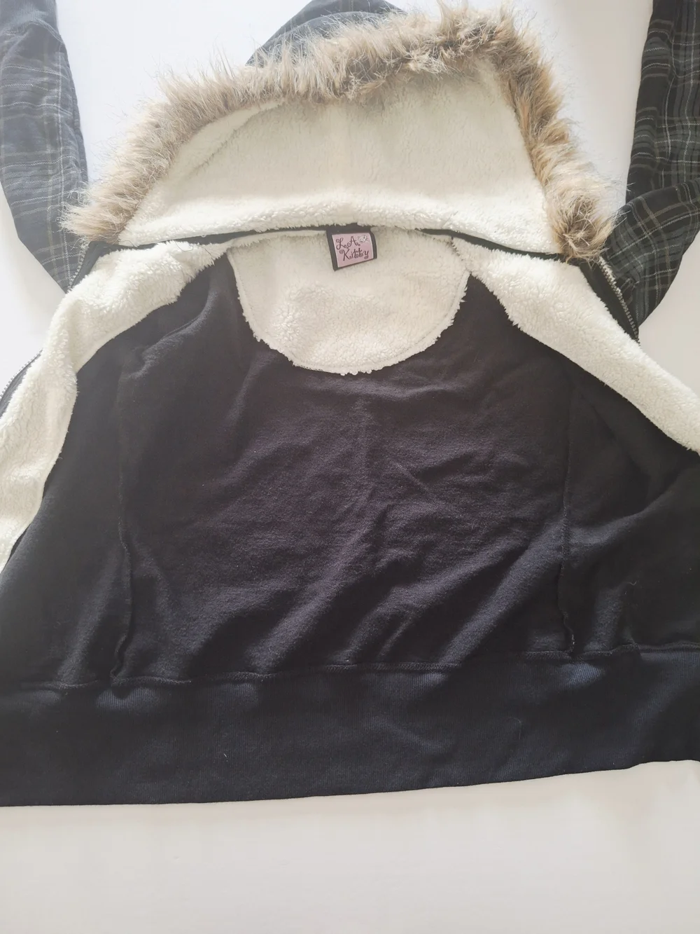 💙L.A. Kitty Black Plaid Sherpa-Lined Bomber Jacket Faux-Fur Hood 🤍SMALL